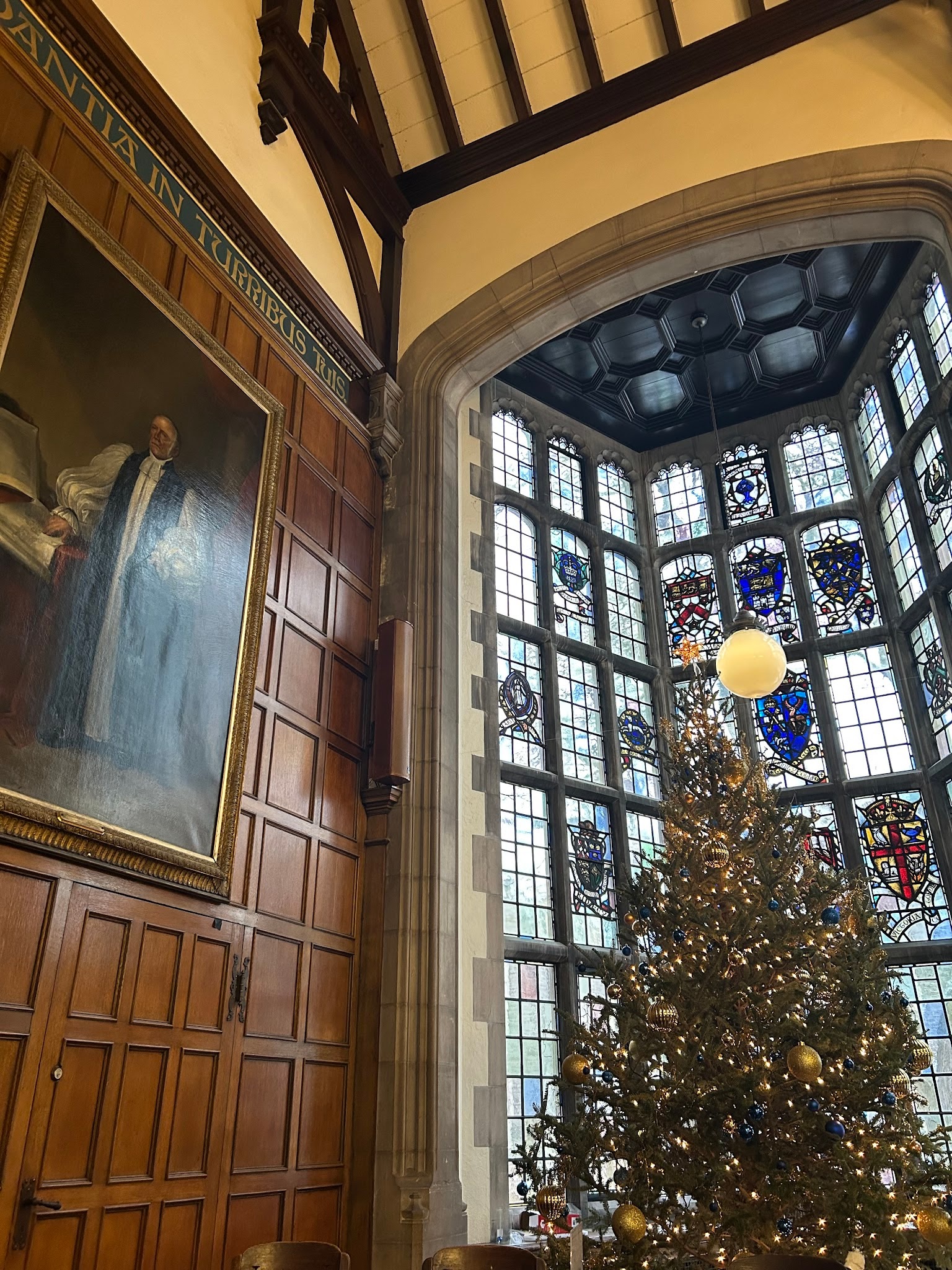 12月になるとTrinity Collegeのダイニングホールに飾られる大きなクリスマスツリーの写真